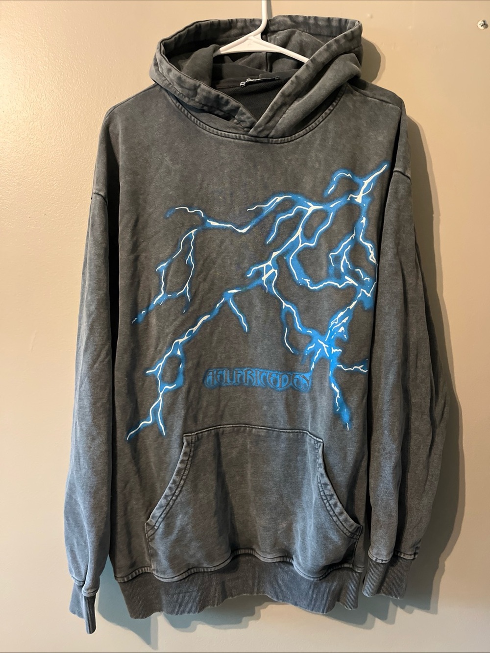 Alfrec Eden Lightning Pullover Hooded Sweatshirt Large Blue Grey 100% Cotton